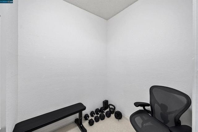 workout room featuring carpet and a textured ceiling