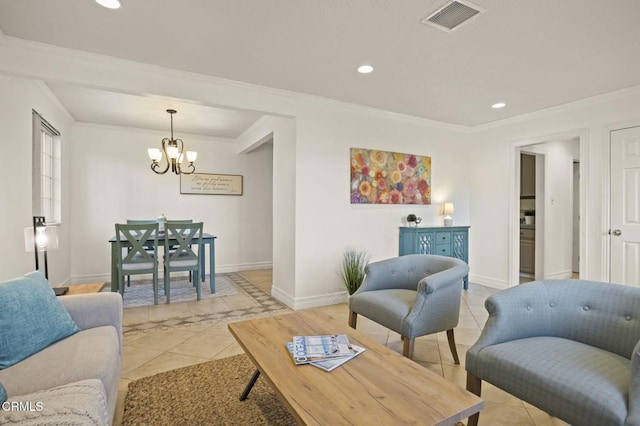 living room featuring a chandelier and ornamental molding