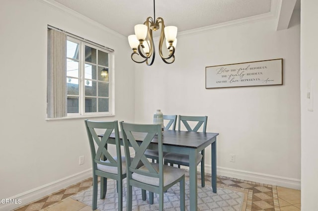 dining area featuring a chandelier, light tile patterned floors, and ornamental molding