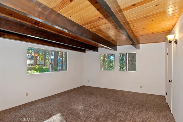 unfurnished room with wooden ceiling, carpet floors, and a healthy amount of sunlight