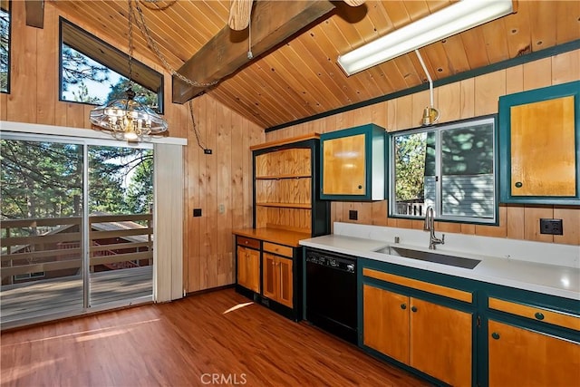 bar featuring dishwasher, wooden ceiling, lofted ceiling with beams, sink, and hanging light fixtures