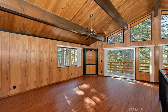 empty room with ceiling fan, lofted ceiling with beams, dark hardwood / wood-style floors, wooden walls, and wood ceiling