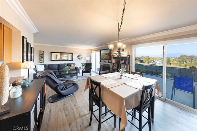 dining space with a healthy amount of sunlight, light wood-type flooring, and ornamental molding