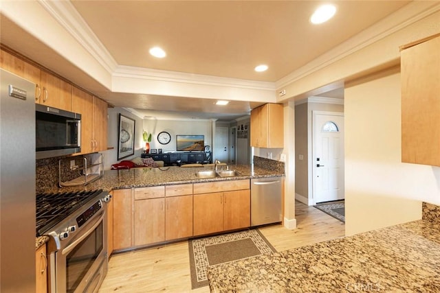 kitchen with dark stone counters, sink, light hardwood / wood-style flooring, kitchen peninsula, and stainless steel appliances