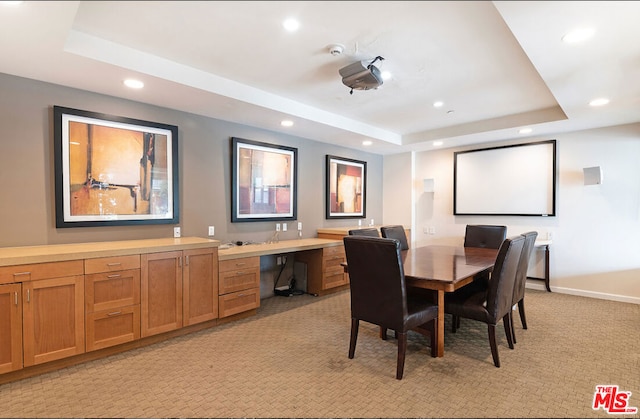 interior space featuring a raised ceiling and light carpet