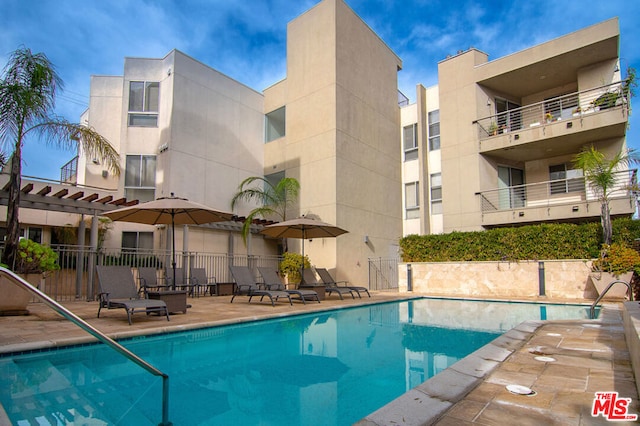 view of swimming pool featuring a pergola and a patio area