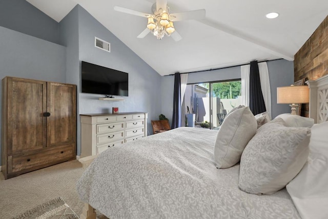 bedroom with access to exterior, light carpet, lofted ceiling with beams, and ceiling fan