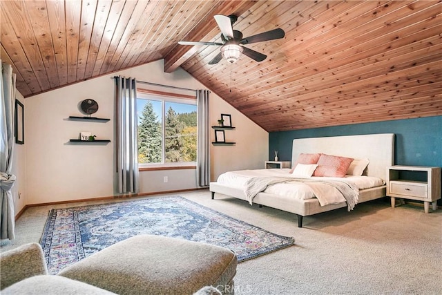 bedroom with carpet flooring, vaulted ceiling with beams, ceiling fan, and wood ceiling