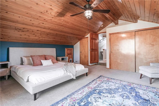 carpeted bedroom featuring ceiling fan, lofted ceiling with beams, and wooden ceiling