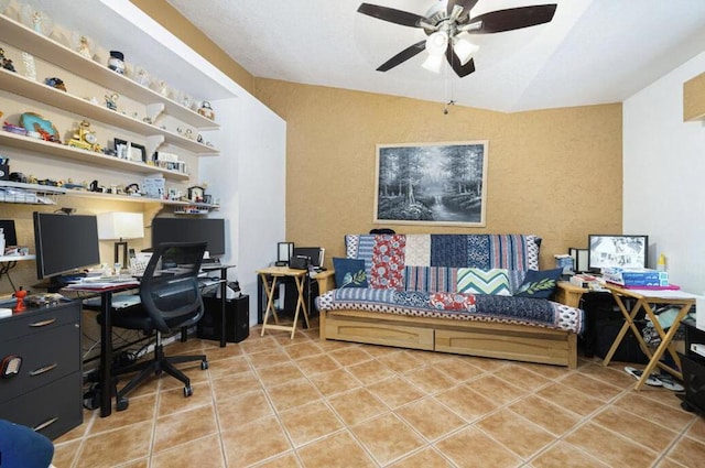 office area featuring tile patterned floors and ceiling fan