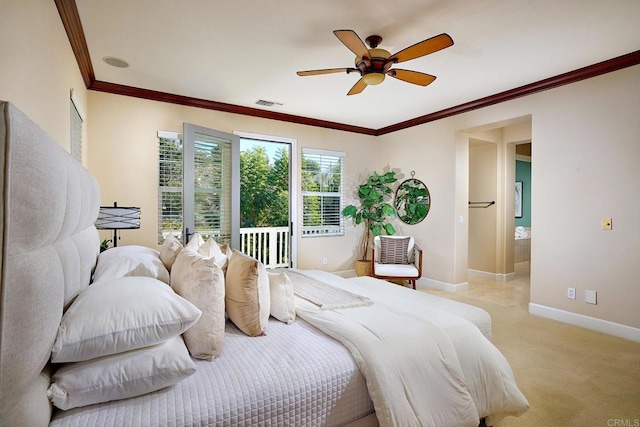 bedroom featuring light carpet, visible vents, baseboards, ceiling fan, and crown molding