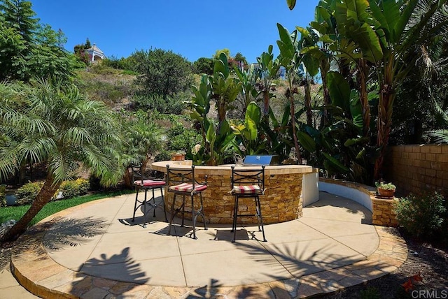 view of patio with fence, outdoor dry bar, and area for grilling