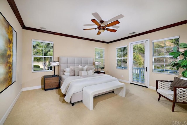 bedroom featuring access to outside, ornamental molding, baseboards, and light colored carpet