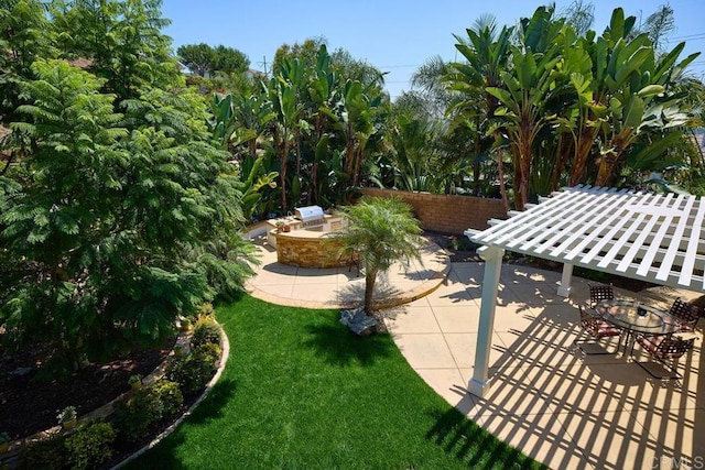 view of property's community with a patio area, fence, a fire pit, and a yard