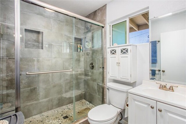 bathroom with vanity, toilet, and a shower with shower door