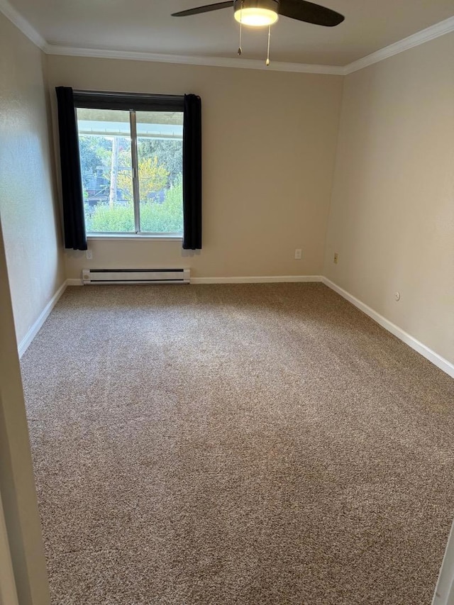 carpeted spare room featuring crown molding, ceiling fan, and baseboard heating