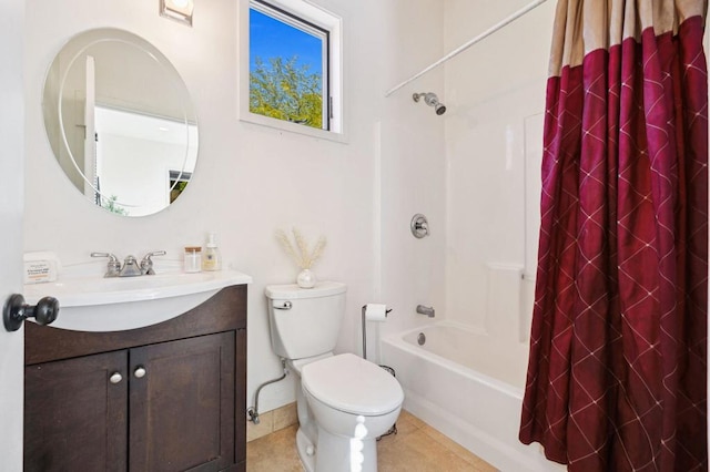 full bathroom featuring vanity, tile patterned floors, shower / bath combination with curtain, and toilet