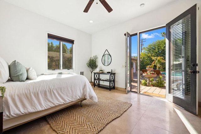 bedroom featuring ceiling fan, light tile patterned floors, and access to outside