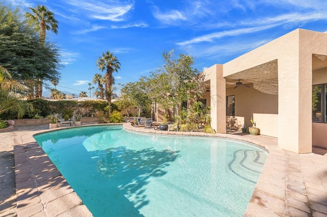 view of pool with ceiling fan and a patio area