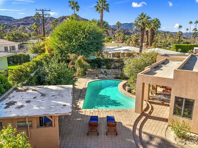 view of pool featuring a mountain view and a patio