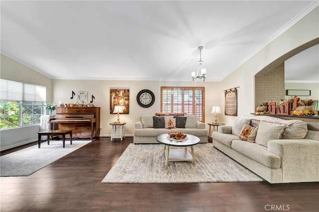 living room with dark hardwood / wood-style floors, an inviting chandelier, a healthy amount of sunlight, and crown molding