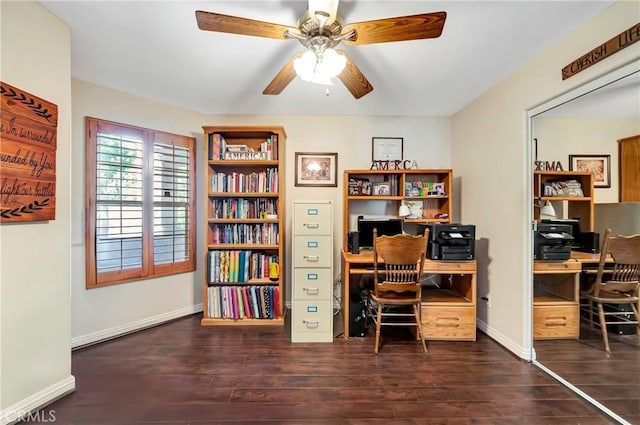 office space featuring ceiling fan and dark hardwood / wood-style floors