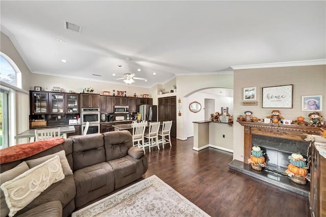 living room featuring lofted ceiling, ceiling fan, dark hardwood / wood-style floors, and ornamental molding