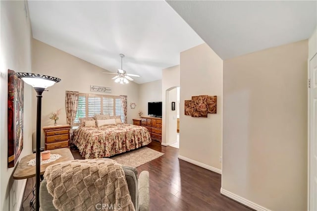 bedroom featuring ceiling fan and dark wood-type flooring