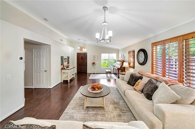 living room with lofted ceiling, a wealth of natural light, a chandelier, and dark hardwood / wood-style floors