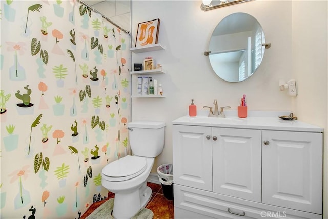 full bathroom featuring tile patterned flooring, vanity, toilet, and shower / tub combo with curtain