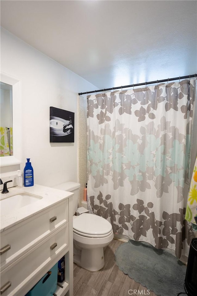 bathroom featuring vanity, wood-type flooring, and toilet