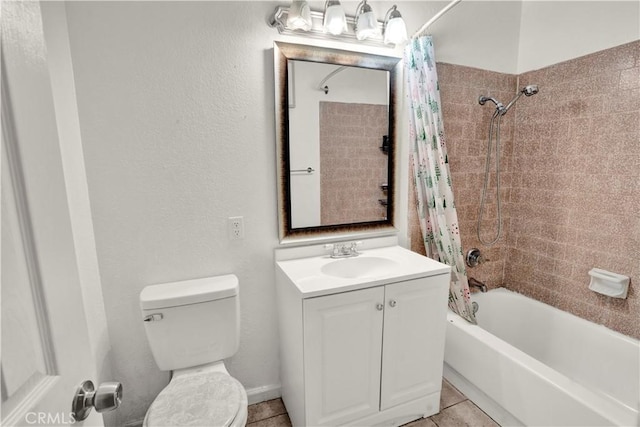 full bathroom with toilet, vanity, tile patterned floors, and shower / bathtub combination with curtain