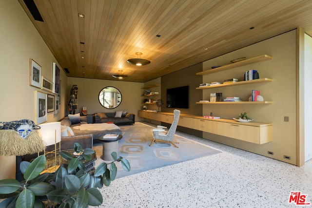 living room with wood ceiling