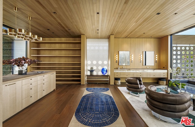 interior space with dark hardwood / wood-style floors, wood walls, and wooden ceiling