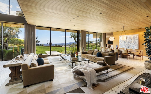 living room featuring wood ceiling