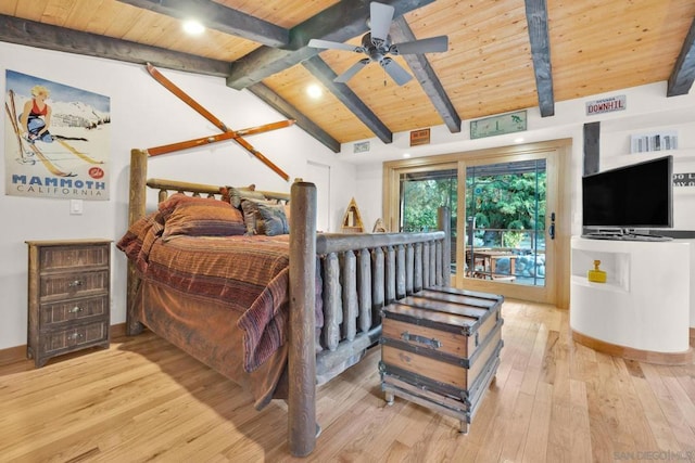 bedroom with light wood-type flooring, wooden ceiling, access to exterior, and ceiling fan