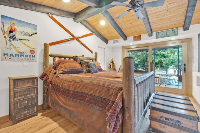 bedroom featuring light wood-type flooring, ceiling fan, wood ceiling, and vaulted ceiling with beams