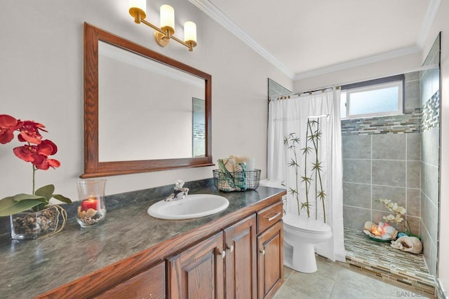 bathroom featuring toilet, vanity, tile patterned flooring, a shower with curtain, and ornamental molding