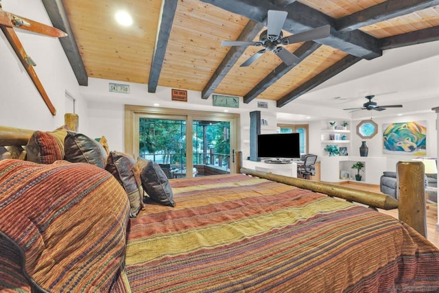 bedroom featuring ceiling fan, wooden ceiling, access to exterior, and vaulted ceiling with beams