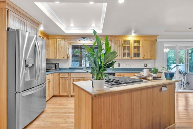 kitchen featuring light brown cabinetry, crown molding, a tray ceiling, and stainless steel appliances