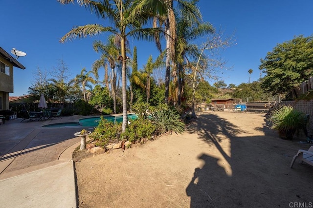 view of yard with a patio area, fence, and an outdoor pool