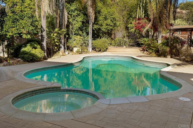 view of swimming pool featuring a patio area and a pool with connected hot tub