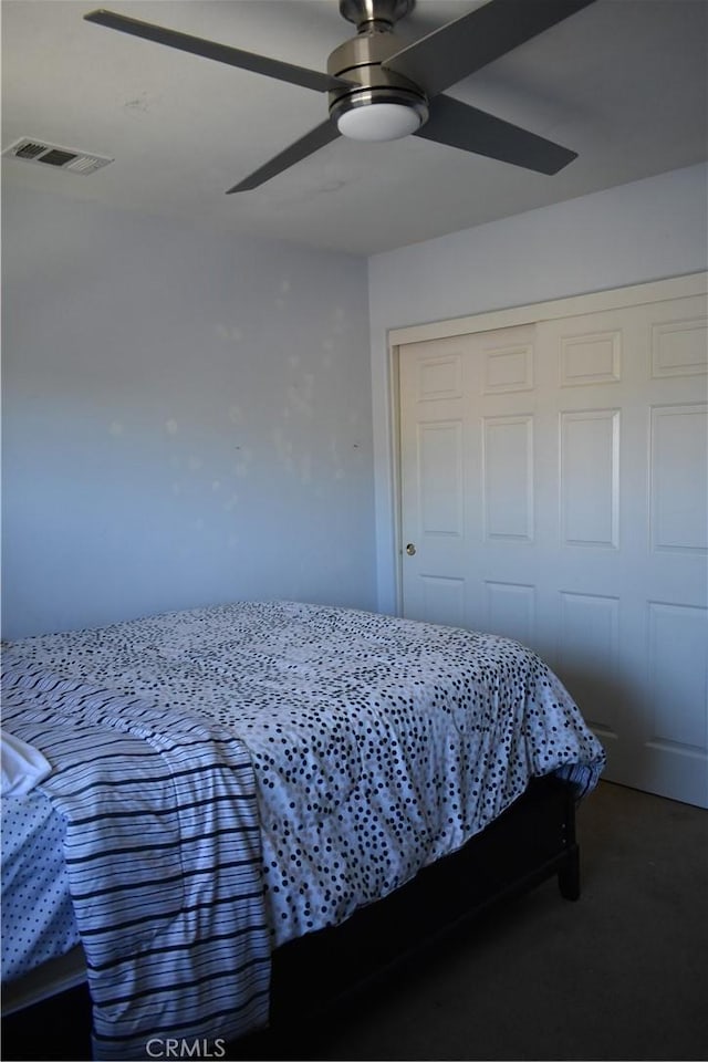 bedroom with ceiling fan and a closet