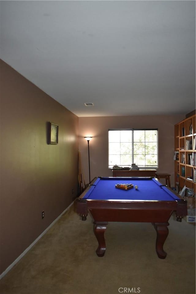 rec room with carpet and billiards