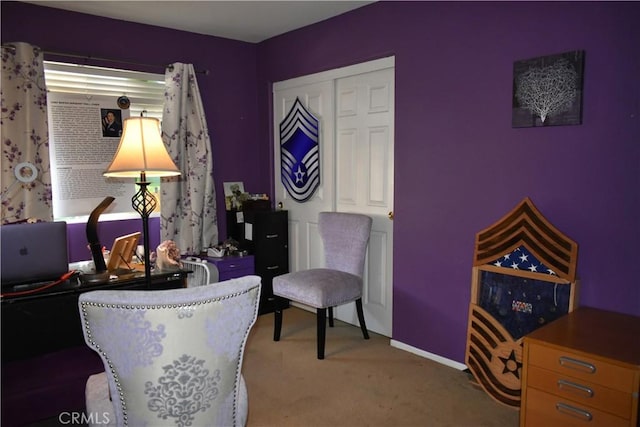 living area featuring light colored carpet