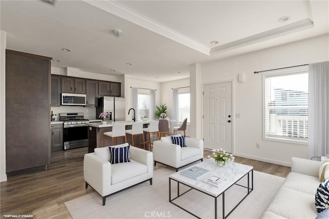 living room featuring wood-type flooring, a tray ceiling, crown molding, and sink