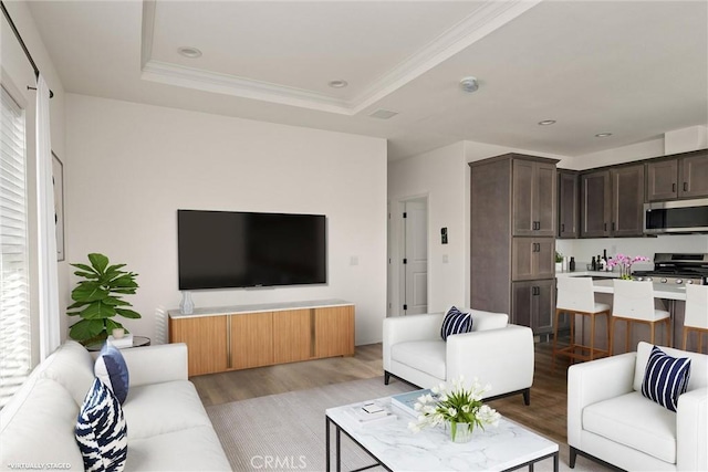 living room with light hardwood / wood-style floors, a raised ceiling, and plenty of natural light