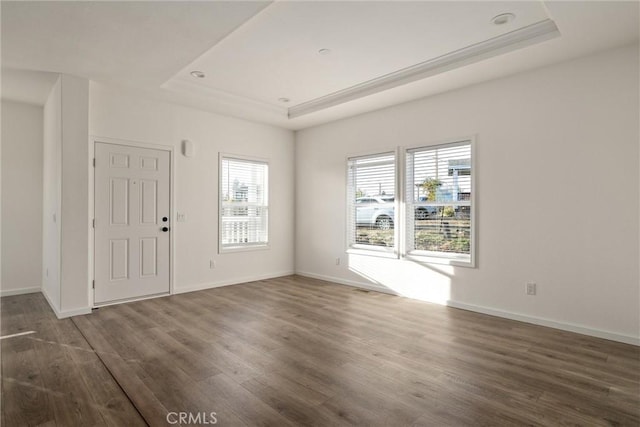 unfurnished room featuring a raised ceiling and dark hardwood / wood-style flooring