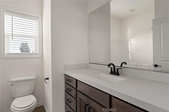 bathroom featuring a shower, vanity, and toilet