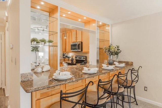 bar featuring light brown cabinets, stainless steel appliances, and dark stone counters